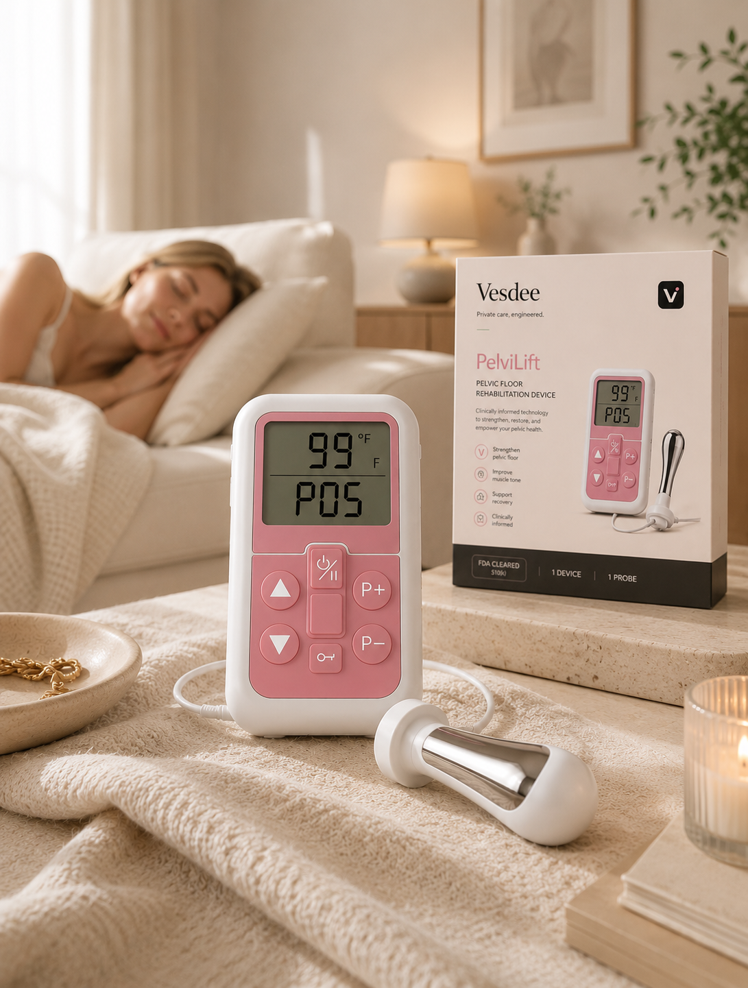 Vesdee PelviLift device, probe, and packaging in a private bedroom routine setting