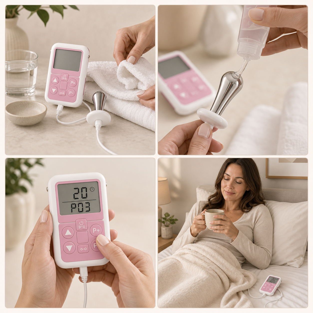 Four-panel visual guide showing preparation, gel application, mode selection, and relaxing during a PelviLift routine