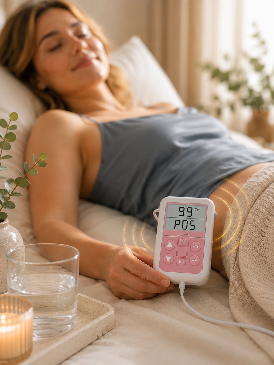 Woman resting at home with the Vesdee PelviLift device during a private routine